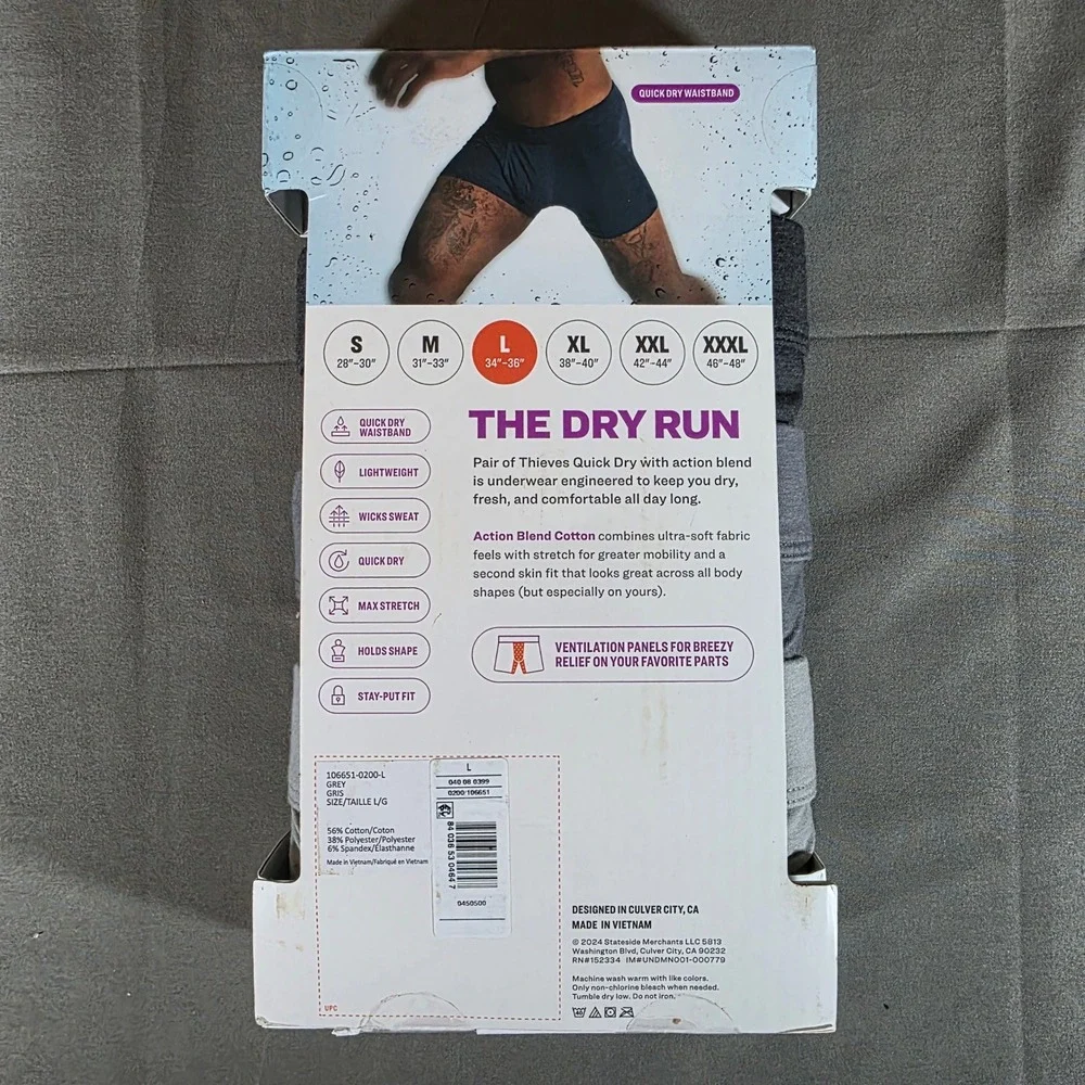 Pair of Thieves Men Quick Dry Boxer Briefs 3 Pack Grey Action Blend Cotton Large